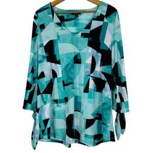 Alfani Abstract Geometric Print Tunic Top Sz Medium Tie Sleeves Artsy Green